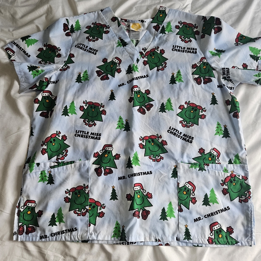 Christmas Mr Men & Little Miss Scrub Top XL Vintage